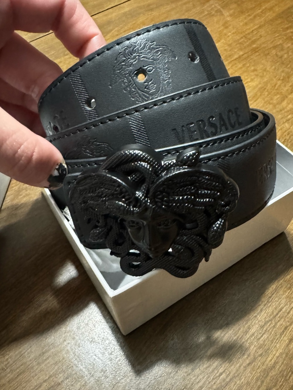 Versace Black Embossed Medusa Leather Belt with Black Medusa Buckle